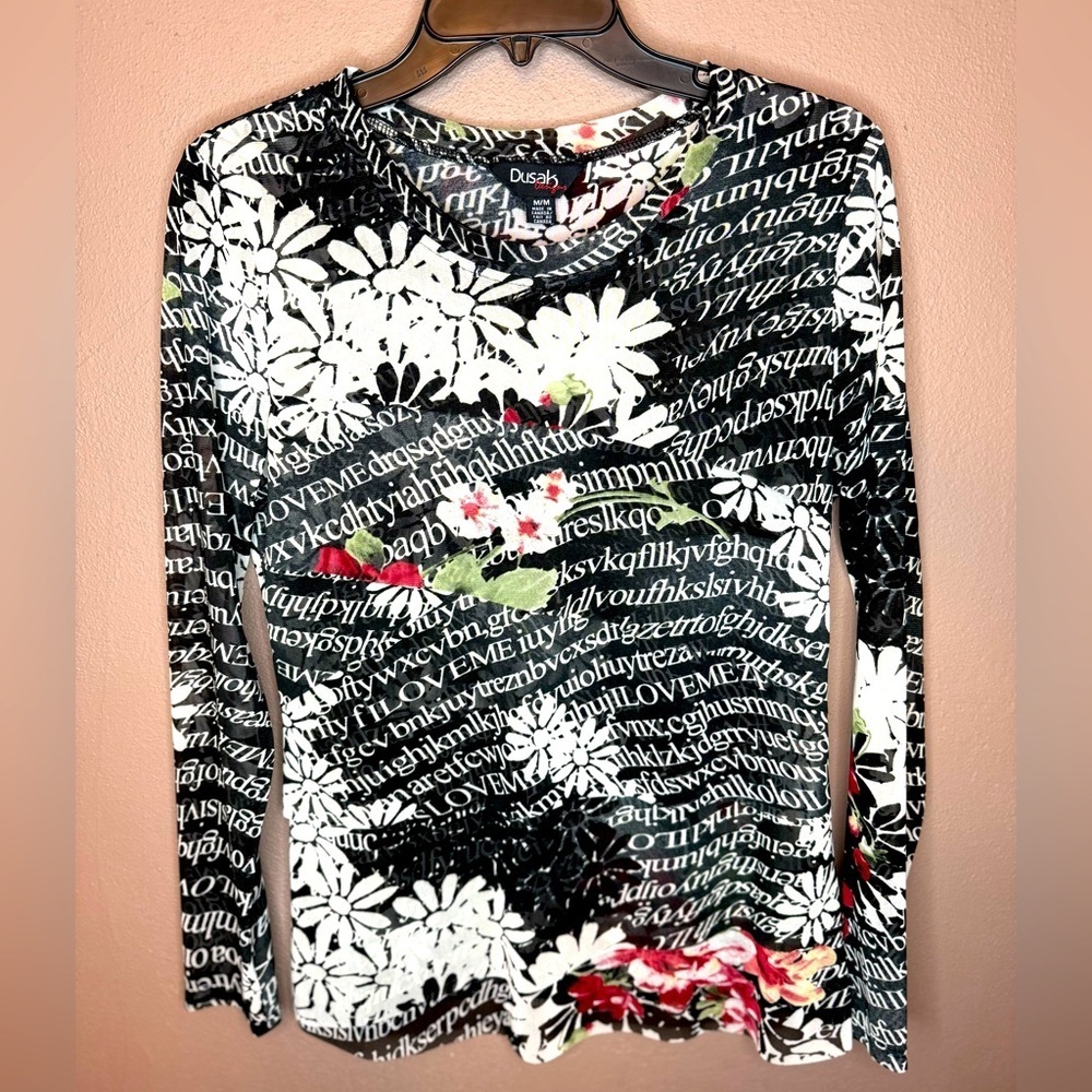 Dusak Designs Y2Kcore Floral & Text Patterned Layered Mesh Long Sleeve Size M.